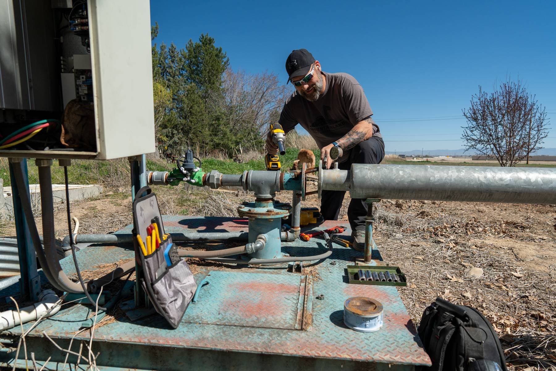 Farm pump system on agricultural land.